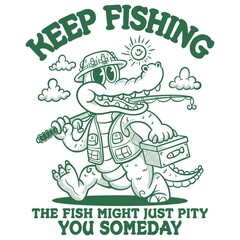 keep fishing with cute smile crocodile fisherman character vintage illustration design 