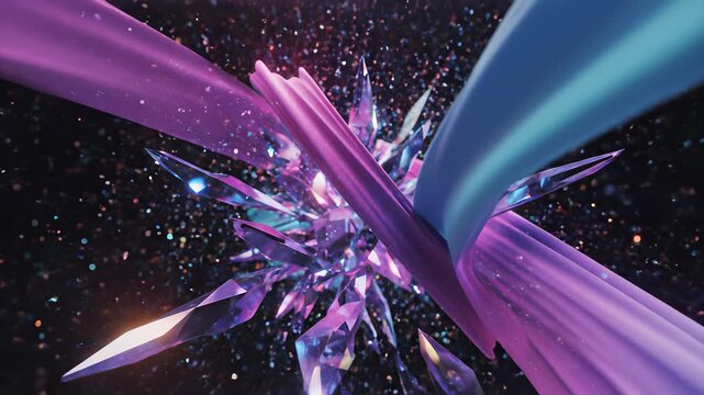 Abstract swirling design features mesmerizing purple and blue hues, suspended crystals, and a sparkling diamond, perfectly capturing innovative thinking and technological innovation for.