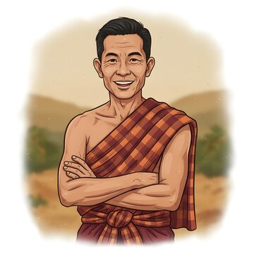 Lao man wearing pha khao ma, smiling character illustration