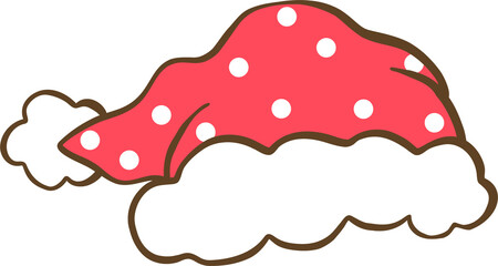 Santa hat cartoon illustration, cute red Christmas hat with white fluffy trim and polka dot pattern, perfect for holiday clipart, festive decorations, greeting cards, and winter celebration designs.