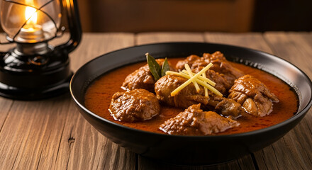 Delicious chicken curry simmering in a bowl, accented by ginger on a rustic wood table, ready to enjoy, vintage lantern glowing nearby