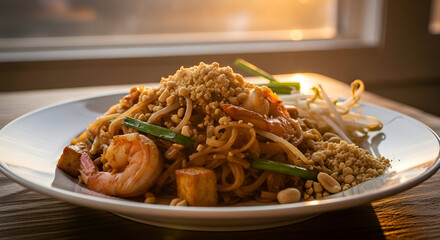 Savor the vibrant flavors of Pad Thai with shrimp, tofu, and crunchy peanuts, a delicious Asian-inspired meal ready to delight your taste buds now