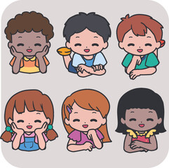 Happy Diverse Kids Lying Down Cute Character Set. Perfect for educational materials, kid projects, school posters, family themes, parenting content, and playful cartoon designs.