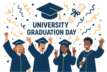 Diverse young adults celebrating university graduation in caps and gowns