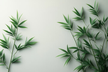 Fototapeta premium A minimalist composition with green bamboo leaves on a light, neutral background. 