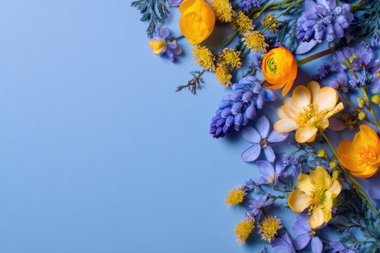 Delicate, vibrant spring flowers in shades of blue and yellow against a pastel backdrop