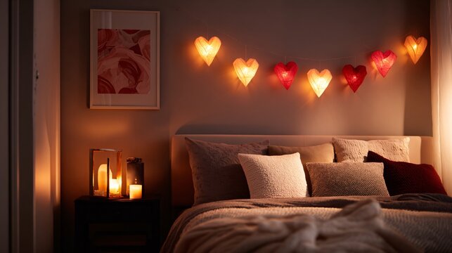Cozy bedroom interior with warm heart-shaped string lights and soft bedding