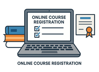 Online course registration interface: laptop with checklist and certificate
