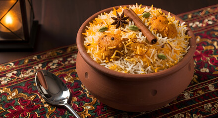Authentic biryani in earthen pot, a flavorful culinary delight showcasing the rich heritage of Indian cuisine, perfect for food blogging or restaurant menus