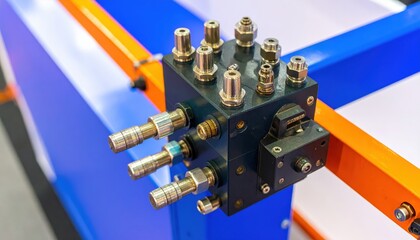 Industrial hydraulic manifold block with fittings and connections in a factory.