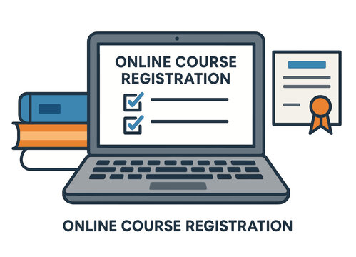 Online course registration interface: laptop with checklist and certificate