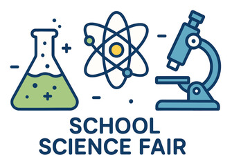 Colorful school science fair icons with beaker, atom, and microscope illustration
