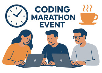 Young diverse adults participating in coding marathon event with laptops