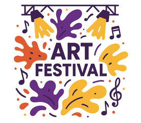 Colorful art festival poster with music notes and spotlights