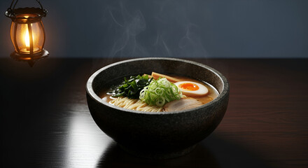 Enjoy a delicious bowl of steaming ramen, complete with egg, seaweed, and scallions, illuminated by the warm glow of an antique lantern nearby