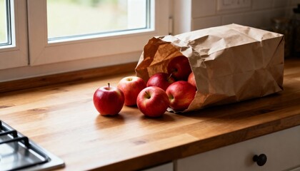 Open paper bag with apples inside on wood counter in soft light, fresh mood, lifestyle photography