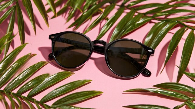 Trendy black sunglasses surrounded by green palm leaves on pink background - Powered by Adobe