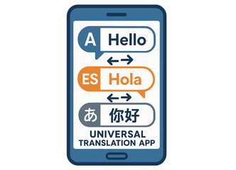 Multilingual translation app interface with speech bubbles on mobile device screen