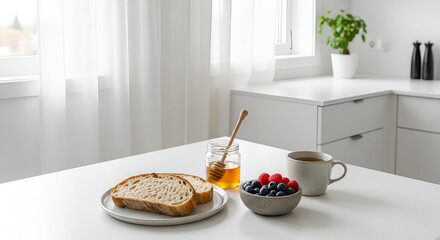 Start your day with a delicious breakfast of artisan bread, fresh berries, and golden honey in a bright, modern kitchen perfect for a healthy lifestyle