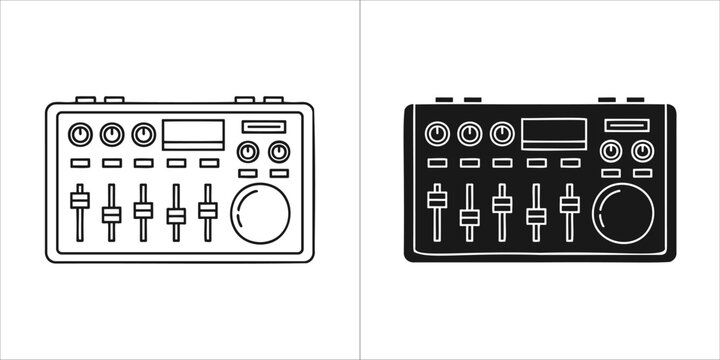 Music mixer or dj controller icon set, outline and solid black versions, isolated on
