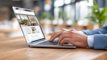 Man working on a laptop computer, browsing a real estate or travel website in a modern cafe