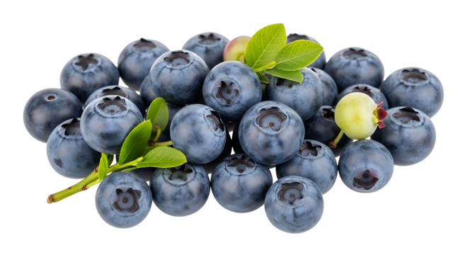Fresh small and medium blueberries with green leaves isolated on a transparent PNG background, top view