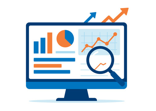 Business data analytics with graphs and magnifying glass on computer screen