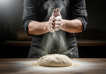Hands create dough in a kitchen filled with flour as the baker prepares for bread-making in the evening light