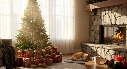Cozy Christmas Eve scene with a sleeping cat by the fireplace and beautifully decorated tree with gifts creating the perfect holiday spirit