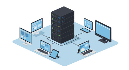 Isometric data center network with servers and connected devices