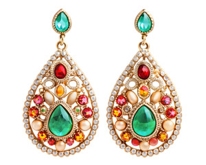 Elegant vintage earrings with gemstones isolated on transparent background