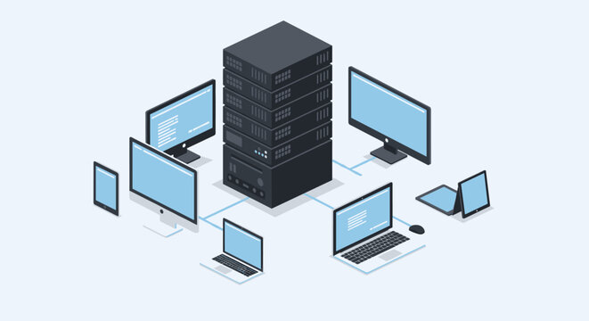 Isometric network infrastructure with connected devices surrounding a central server