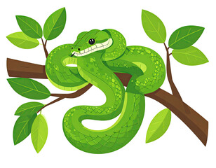 Obraz premium Vibrant Green Snake Coiled Gracefully on a Tree Branch.