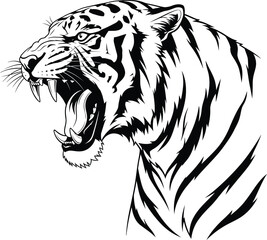 Tiger head roaring black and white illustration vector design art eps silhouette