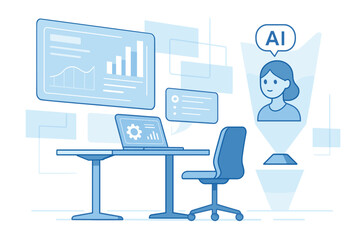 Futuristic office with ai assistance and data analytics interface