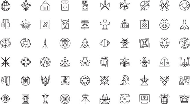 Comprehensive collection of abstract, mystical, and esoteric geometric line art icons, ideal for spiritual and fantasy design elements