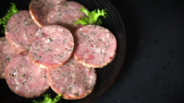 Sausage with garlic and spices slices of salami meat tasty snack fresh gourmet food background on the table rustic food top view copy space