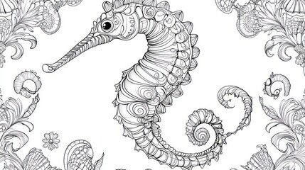 Ornate seahorse illustration, intricate details, coloring book design, background pattern, possible coloring page