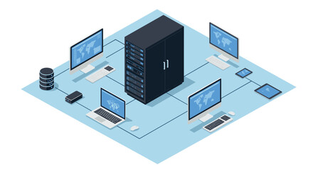 Obraz premium Isometric data center network with servers and computers in blue tone