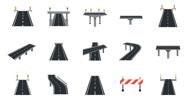 Diverse highway and road construction icons for infrastructure projects