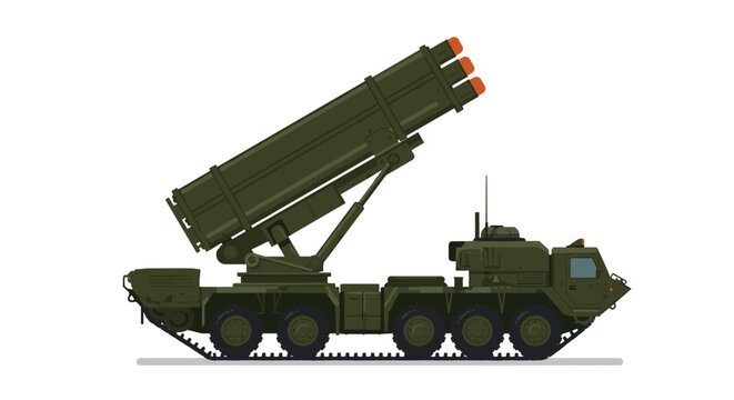 Military missile launcher truck side view in detailed flat design