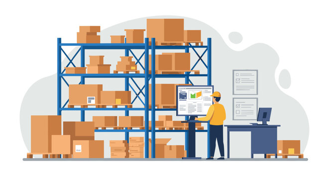 Warehouse management system concept with worker organizing boxes on shelves in modern facility