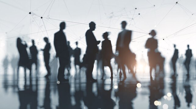 Silhouettes of business people networking in modern office environment with digital connections