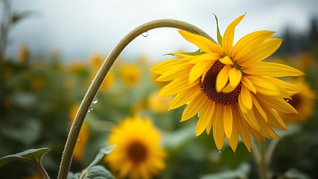 laurate. Sunflower drooping after a storm with rain droplets on its petals. gardening catalogs, home-decor guides, designed for home decor and floral branding, celebrates nature.