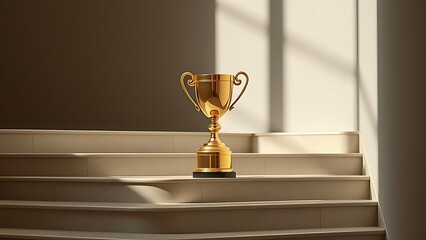 middleground. A golden trophy rests on a central staircase step, symbolizing achievement with elegant lighting and a minimalist polished metal surface. event key visuals.