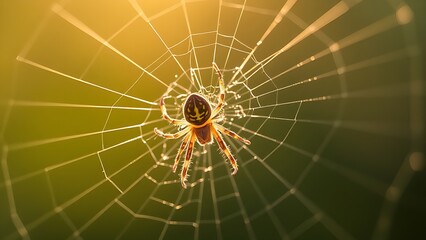 lemuria. A spider mending its intricate web with glistening threads in morning light. wildlife magazines, conservation campaigns, designed for eco-tourism storytelling, used by motion designers.