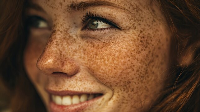 Close-up portrait of smiling woman with freckles and natural lighting