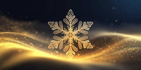 Illuminated snowflake gently drifts amidst a swirl of golden particles against dark atmospheric backdrop