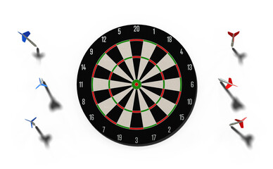 Cible de fl&eacute;chettes vue de face et fl&eacute;chettes - fond transparent - rendu 3D	
