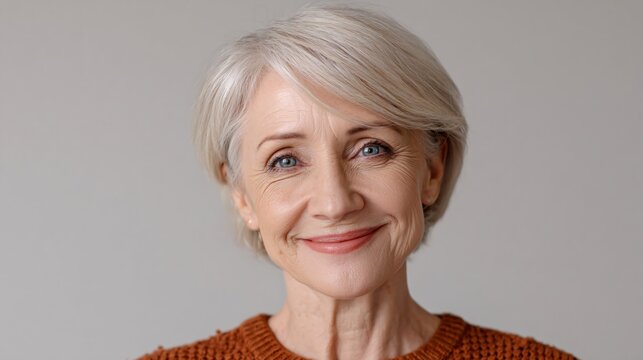 Portrait of smiling mature woman with short gray hair wearing orange sweater